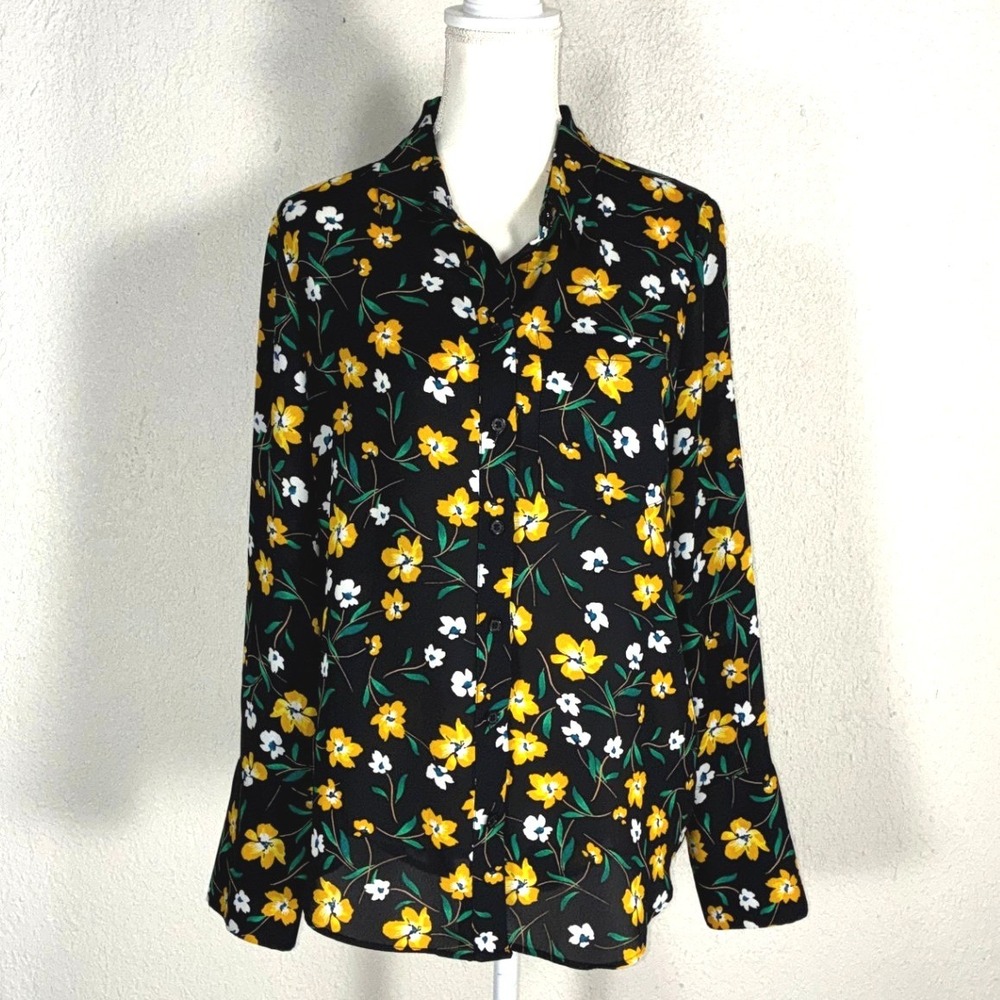 Who What Wear Womens Floral Button Down Blouse Black Yellow Long Sleeve Medium